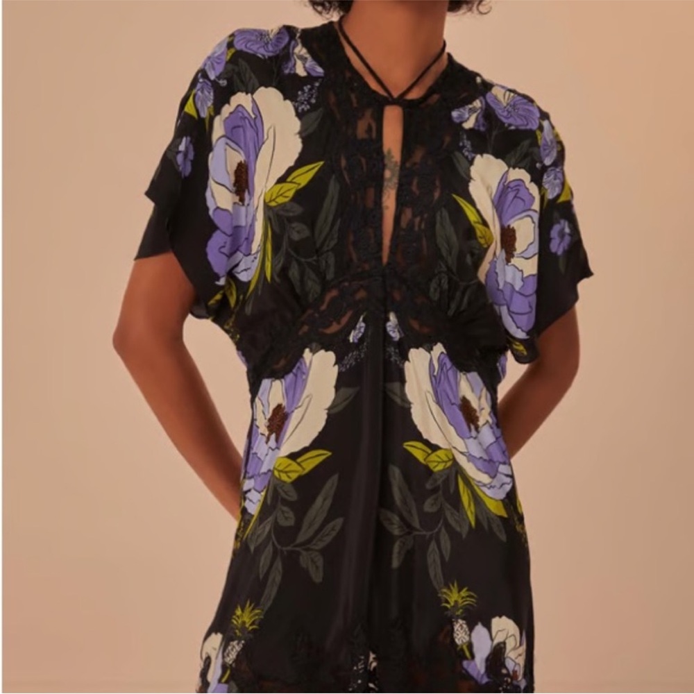 Farm rio Black Floral Lace-Trim Sheer Maxi Dress with Purple Blooms - Picture 3 of 4